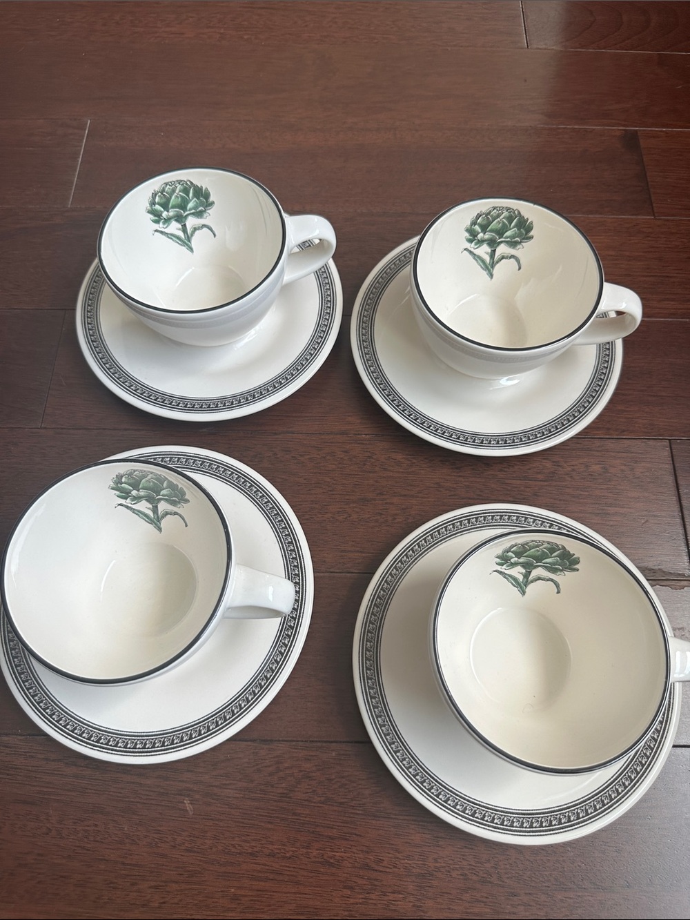 Pfaltzgraff White Mugs with Green Artichoke Flower Design and Saucers